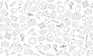 Medical icons pattern on white background.