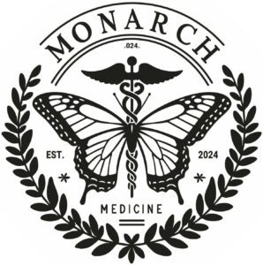 Monarch butterfly emblem with medical symbol.
