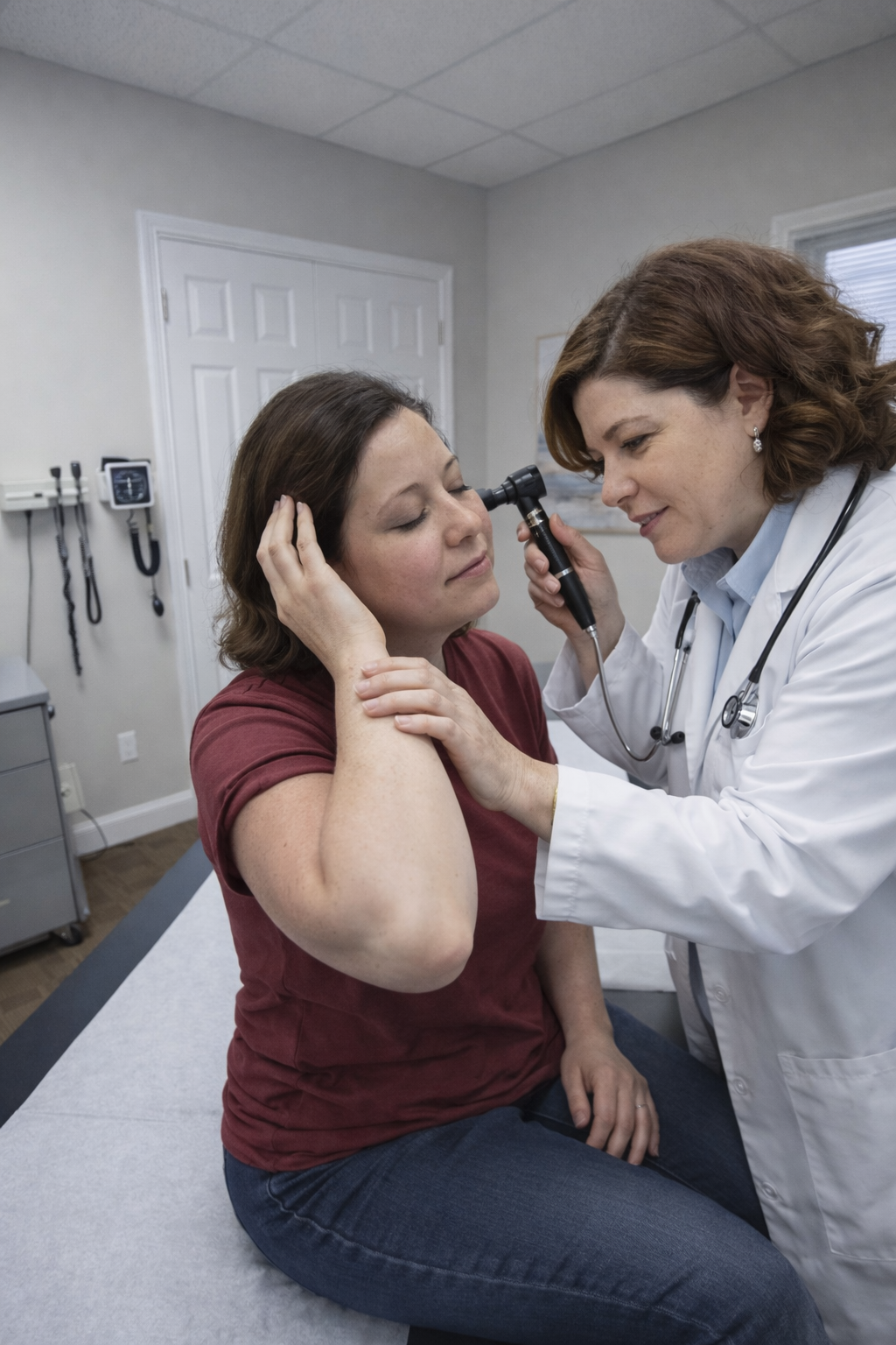 Dr. Lisa Clay, MD examining a patient for ear infection at Monarch Medicine in Carmel, Indiana