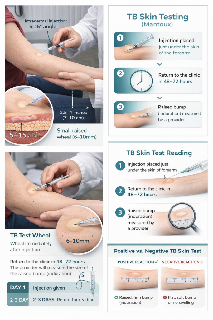 TB skin test infographic demonstrating Mantoux test placement on the forearm, injection technique, wheal formation, induration measurement after 48&ndash;72 hours, and positive vs negative results, urgent care, Carmel, IN